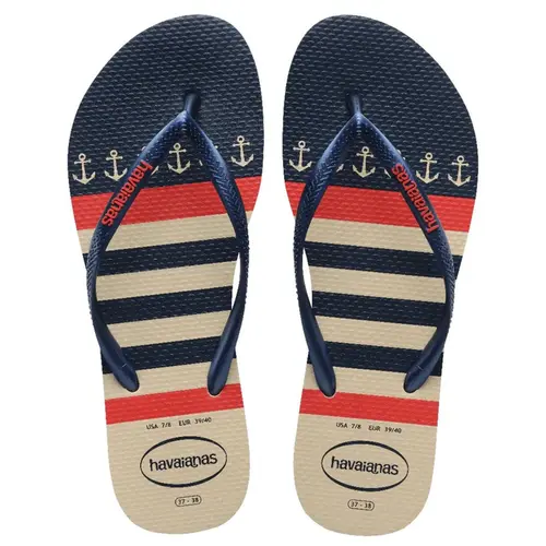 Chinelo Havaianas Slim Nautical Bege Palha/Marinho Feminino