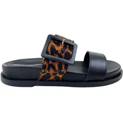 Rasteira Cravo e Canela Couro New Calf Preto/Pelo Ocelot Natural