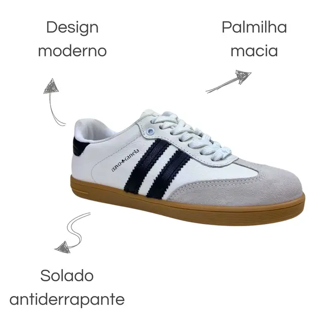 Tênis Cravo e Canela Branco/Preto/Camurção Alvejada Feminino